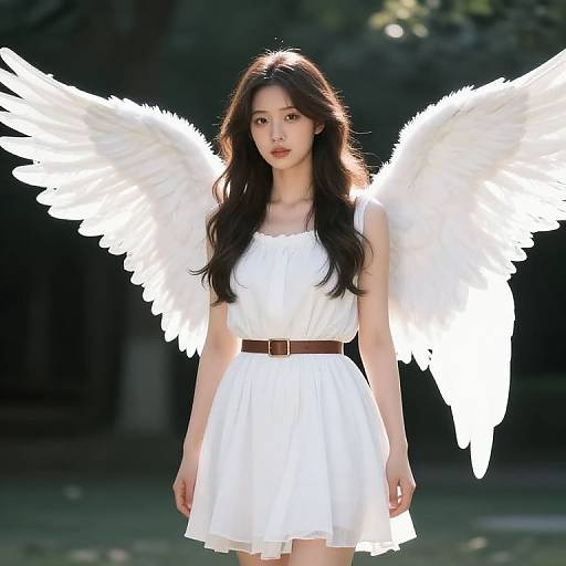 Photograph of an Asian woman with long black hair, wearing a white dress and large white angel wings, standing in a sunlit forest.