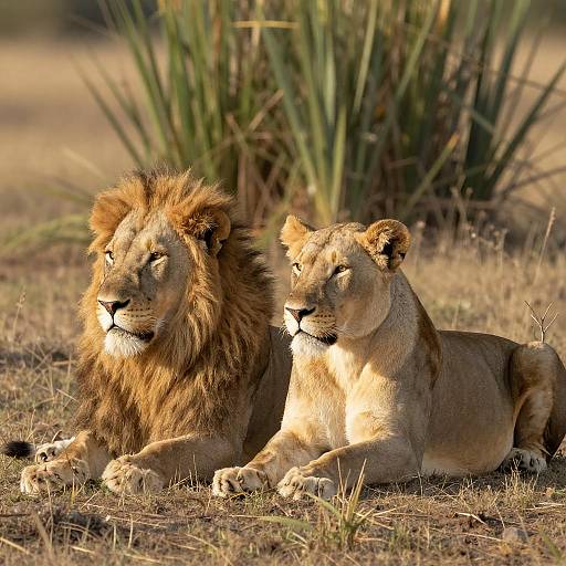 Pair of Adult Lions Resting on Grass