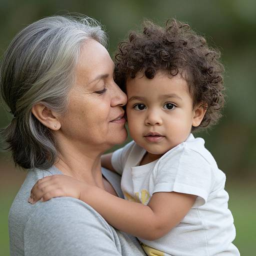 Photograph of an older woman with gray hair hugging a curly-haired toddler in a white shirt, smiling gently, against a blurred green background.