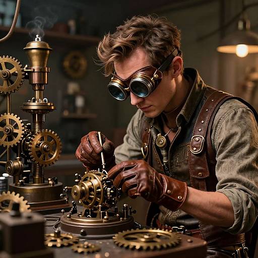 Photograph of a steampunk mechanic with brown gloves, brass goggles, and a denim vest, meticulously assembling intricate brass gears and machinery in a dim