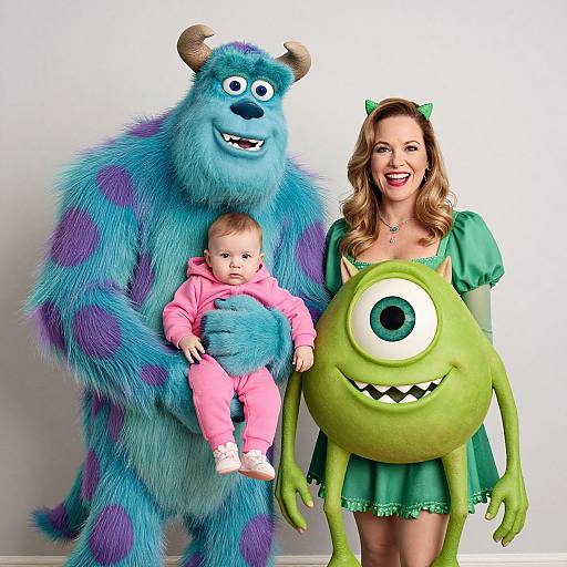 Photograph of a smiling woman with curly hair in a green dress, a blue monster holding a baby in pink, and a green one-eyed monster with