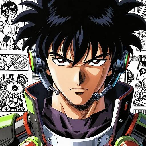 Digital anime-style illustration of a serious-looking young man with black spiky hair, wearing a headset and futuristic armor, set against a detailed black-and-white
