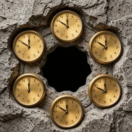 Photograph of five gold clock faces with black hands and numbers, embedded in a rough, gray, rock-like surface with a central black hole.
