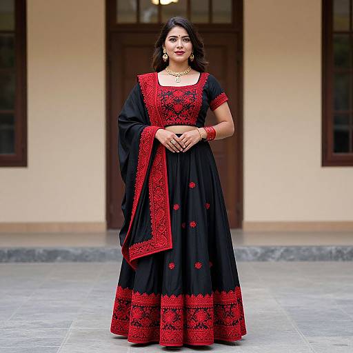 Photograph of a dark-haired woman in a black and red traditional Indian dress with intricate embroidery, standing in front of a beige building with dark wooden doors