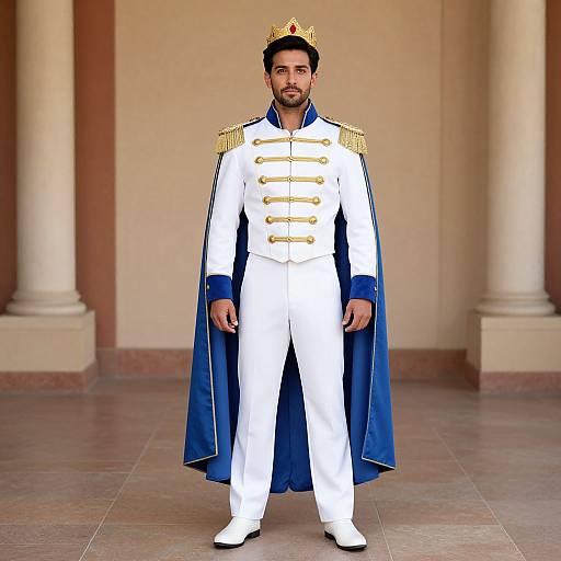 Photograph of a bearded man in white royal uniform with blue cape, gold epaulettes, and crown, standing in a columned hall