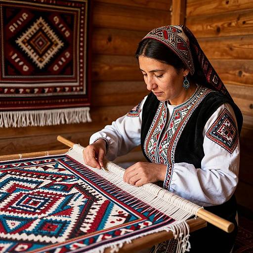 Photograph of a young woman with dark hair, wearing traditional embroidered clothing and headscarf, weaving a vibrant geometric-patterned rug in a wooden log