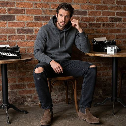 Photograph of a bearded man in a gray hoodie, ripped jeans, and brown boots, sitting on a wooden chair against a brick wall, with