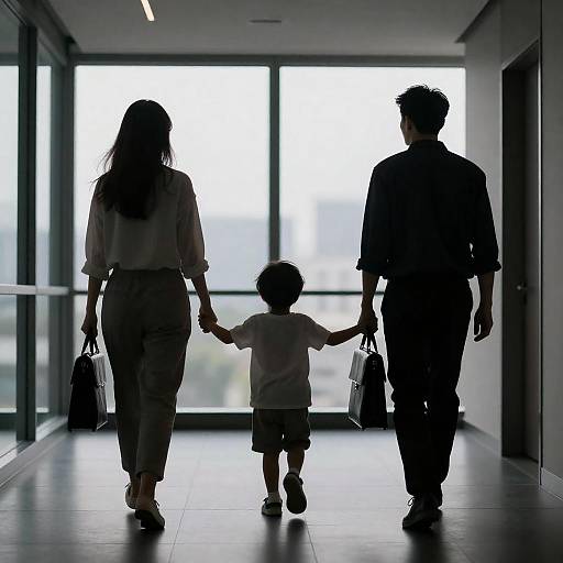 Family Silhouette in Modern Office Hallway