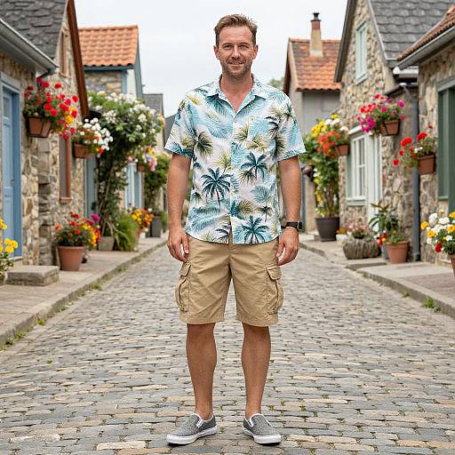 Photograph of a smiling, short-haired, middle-aged man in a tropical shirt, beige shorts, and gray sneakers, standing on a cobblestone