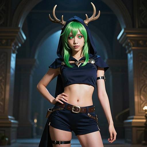 Antlered Green-Haired Fantasy Fashion Portrait
