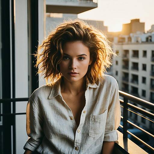Woman with Bedhead Hairstyle on Urban Balcony