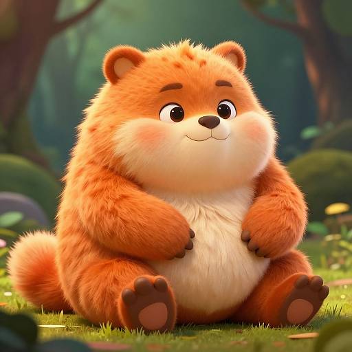 Cute, chubby, orange-furred bear cub with white belly, sitting in a vibrant, sunny forest, cartoon-style digital art.