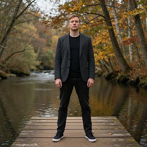 Photograph of a young, Caucasian man with short blonde hair, wearing a black sweater, black shirt, and pants, standing on a wooden pier in