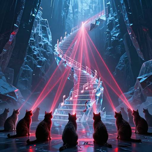 CGI image of six silhouetted cats sitting at the base of a neon-lit, futuristic staircase with bright red laser beams.