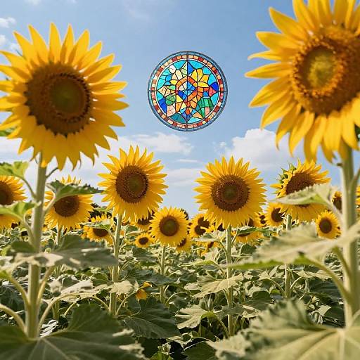 Photograph of a sunflower field with vibrant yellow sunflowers under a bright blue sky, featuring a colorful stained glass window in the background. Sunlit