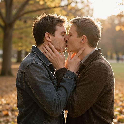 Photograph of two men, dark-haired and brown-haired, kissing in an autumn park. They wear denim and brown jackets, hands on each other's