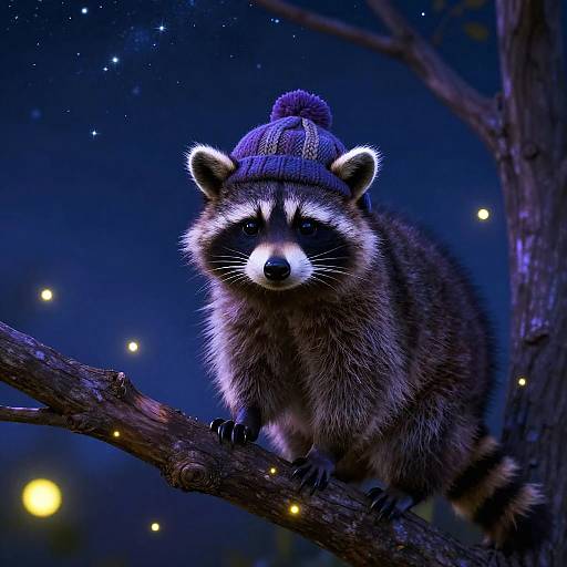 Photorealistic digital artwork of a raccoon wearing a purple knit hat, sitting on a tree branch under a starry night sky with glowing fireflies