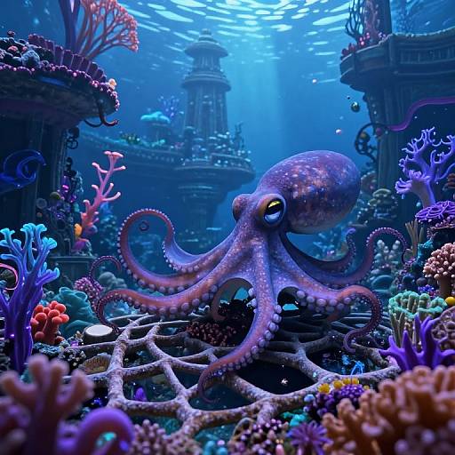 Vibrant digital artwork of a purple octopus with yellow eyes gliding through a colorful, underwater coral reef with ruins in the background, bathed
