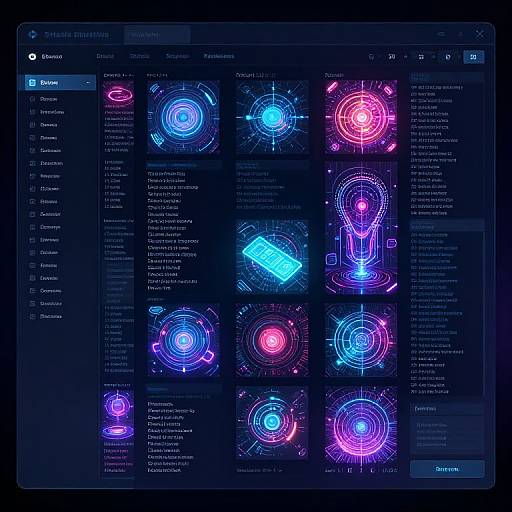 Digital interface screenshot displaying a grid of nine glowing neon-blue and pink holographic circles with technical text overlays on a dark blue background.