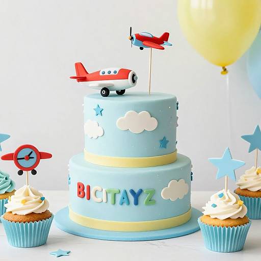 Photograph of a light blue, two-tiered children's birthday cake adorned with airplane toppers, clouds, stars, and 