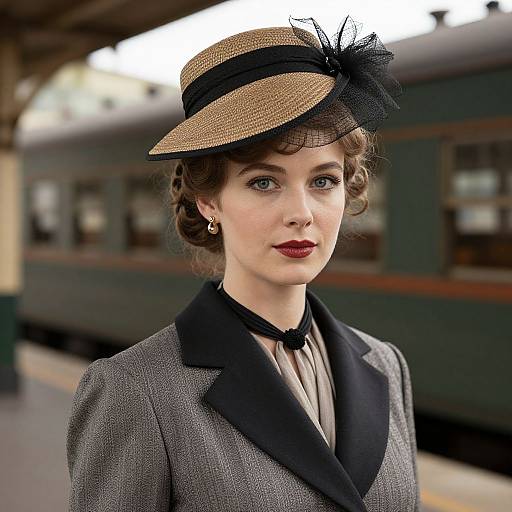 Vintage photograph of a fair-skinned woman with curly brown hair, wearing a brown straw hat with black netting, gray tweed jacket, black tie