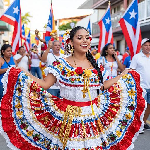 Photograph of a smiling Latina woman in a vibrant Mexican folk dress, adorned with flowers and sequins, dancing in a street parade with American flags in