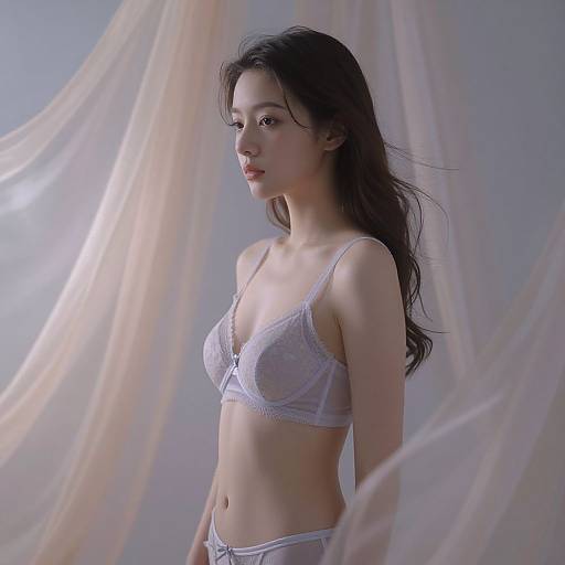 Photograph of an East Asian woman with long, wavy black hair wearing a sheer white lace bra and panties, standing against a soft, ethereal