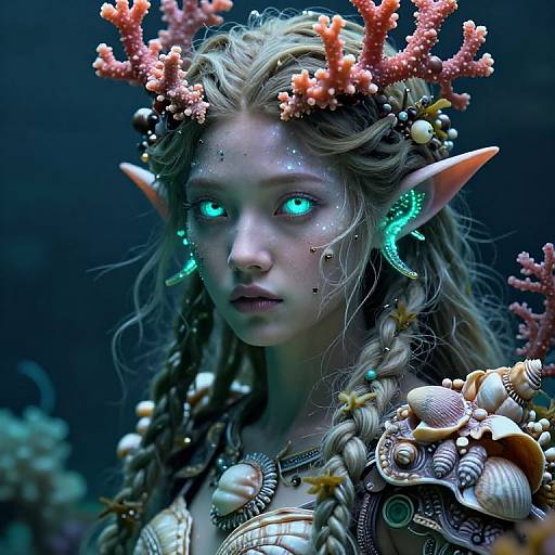 Digital artwork of a glowing blue-eyed, elf-like mermaid with coral horns, braided hair, seashell armor, and turquoise earrings, set