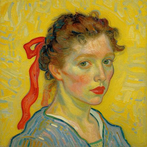 Impressionist-style painting of a young woman with curly brown hair, red ribbon, blue blouse, yellow background, and soft, blended colors.