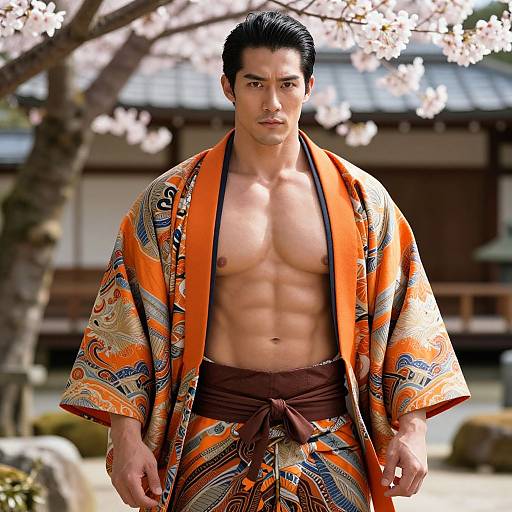 Photograph of a muscular Asian man with black hair, wearing an orange and brown patterned kimono, exposing his defined abs, standing in a cherry