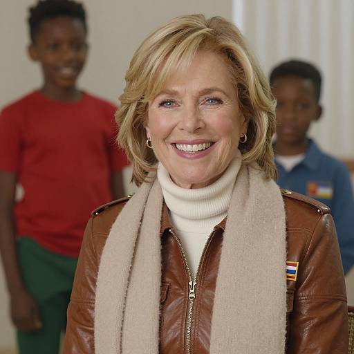 Smiling Woman in Leather Jacket with Kids