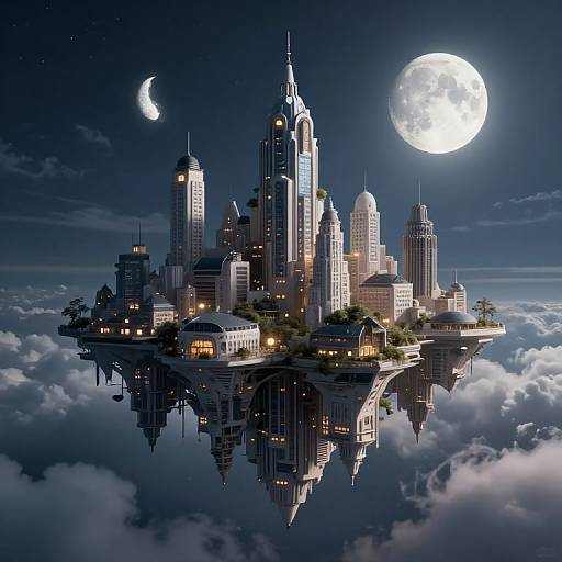 Digital artwork of a futuristic city floating in the sky at night, illuminated by moonlight, with a large full moon and crescent in the starry