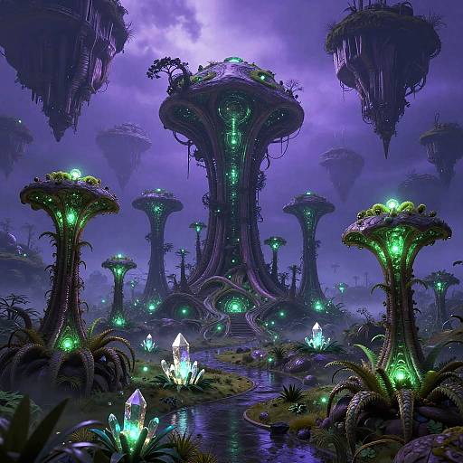 Digital art of a mystical, bioluminescent forest with towering, alien-like fungi glowing green and purple, surrounded by glowing crystals and a misty