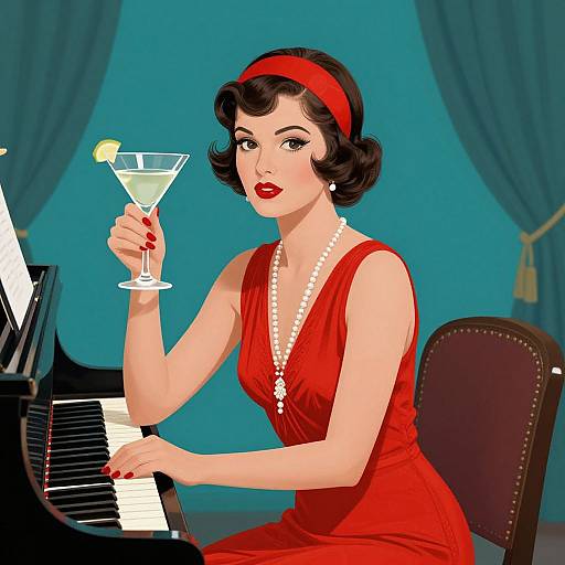 Vintage-style digital illustration of a red-dressed woman with pearl necklace, black bob hair, red headband, holding martini glass, playing piano.