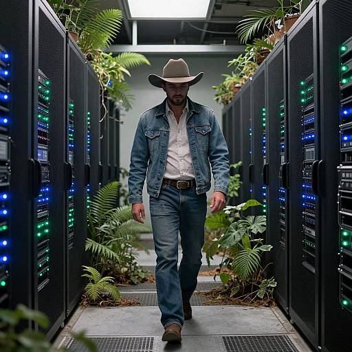 Photograph of a bearded man in a cowboy hat, denim jacket, and jeans walking through a server room with blue and green lit racks, surrounded