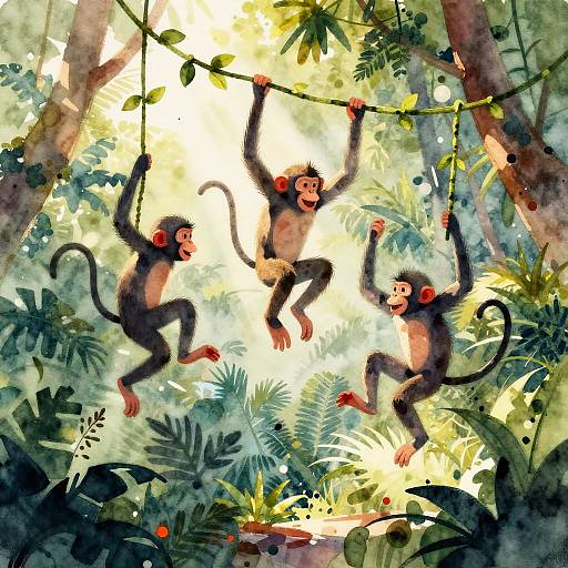 Watercolor painting of three playful monkeys swinging through a sunlit, lush jungle with vibrant green foliage and tall trees.
