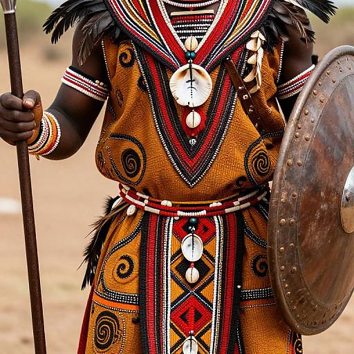 Photograph of an African warrior in vibrant, intricately patterned orange dress with black and red accents, holding a spear and shield.