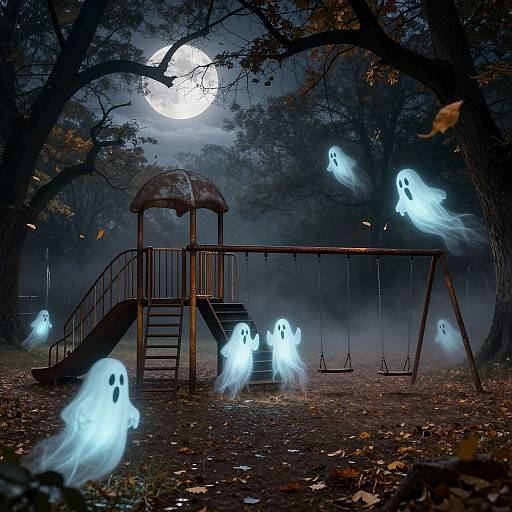 Photograph of a spooky moonlit playground with glowing blue ghostly figures floating around a rusty swing set and slide.