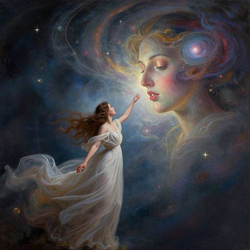Digital painting of a woman in a flowing white dress reaching up to a luminous, ethereal face with swirling cosmic colors and stars in the dark,