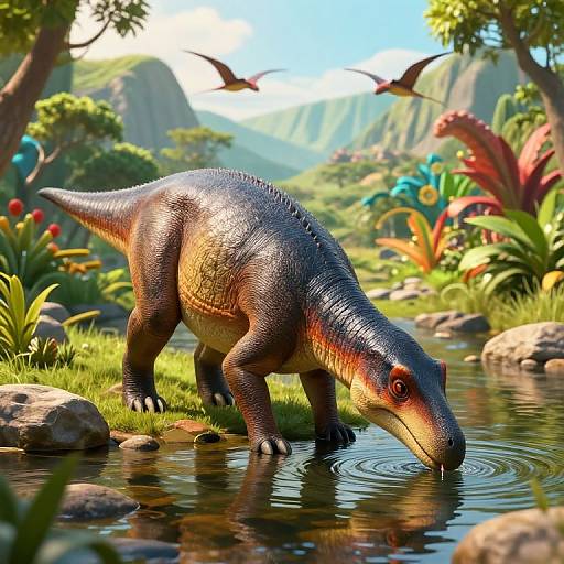CGI image of a blue-grey, orange-scaled dinosaur drinking from a sunlit, rocky stream in a lush, vibrant prehistoric forest.