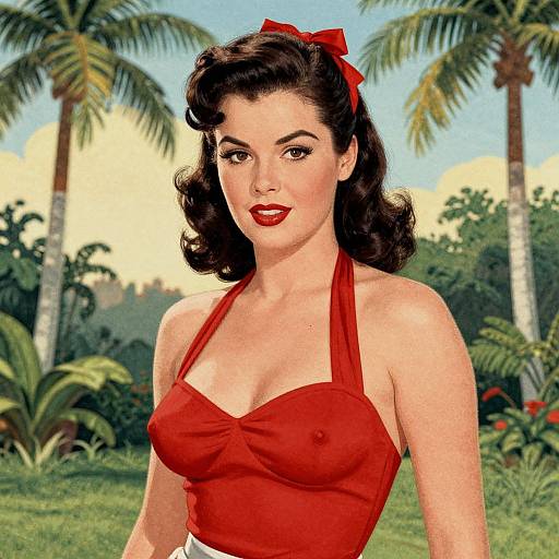 Vintage-style digital illustration of a fair-skinned woman with dark wavy hair, red ribbon, red halter top, and red lipstick, standing in