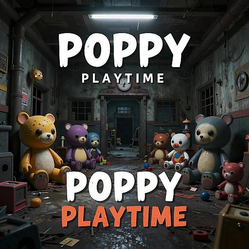 Photograph of a dark, abandoned room with large, colorful stuffed bears on the floor, text 