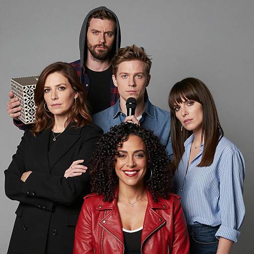 Group Portrait in Studio with Microphone and Box