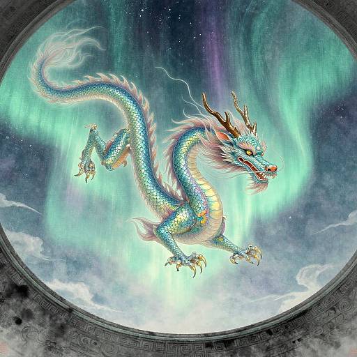 Digital art of a radiant, blue-scaled dragon with flowing mane and horns, soaring through ethereal green and purple auroras, seen through a circular