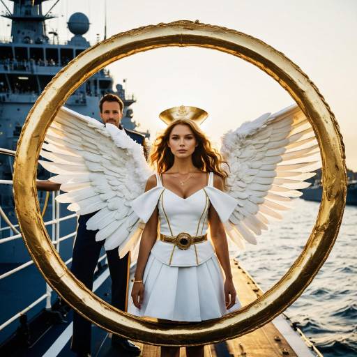 Fashion Angel with White Wings on Navy Ship
