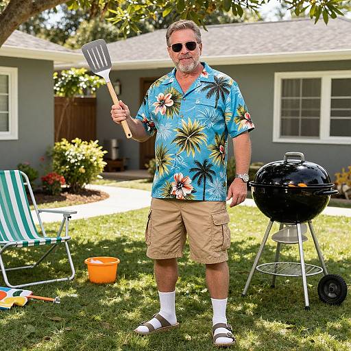 Photograph of a middle-aged, gray-bearded man in a blue Hawaiian shirt, beige shorts, white socks, and sandals, holding a spatula