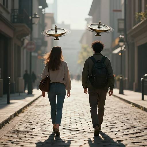 Photograph of a man and woman, back view, walking down a sunlit, cobblestone street, flanked by street lamps, with a
