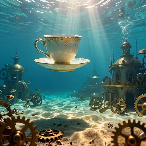 Underwater fantasy scene with a glowing teacup on a saucer, surrounded by gears, fish, and sunlit Victorian buildings.