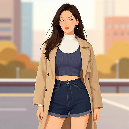 Digital drawing of an Asian woman with long black hair, wearing a beige coat, white turtleneck, navy crop top, and high-waisted
