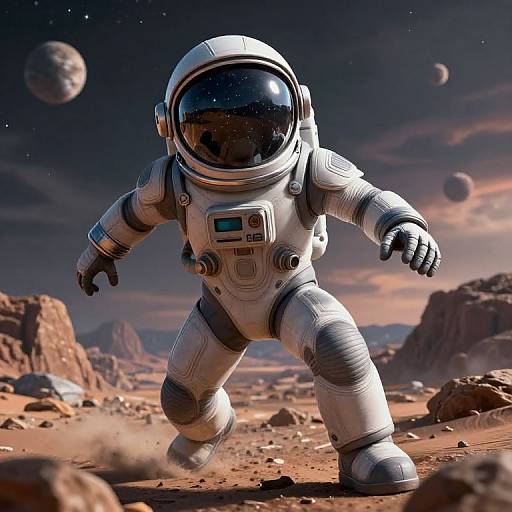 CGI image of a realistic astronaut in a white spacesuit with a reflective helmet, walking on a rocky, desert-like alien planet with distant planets in